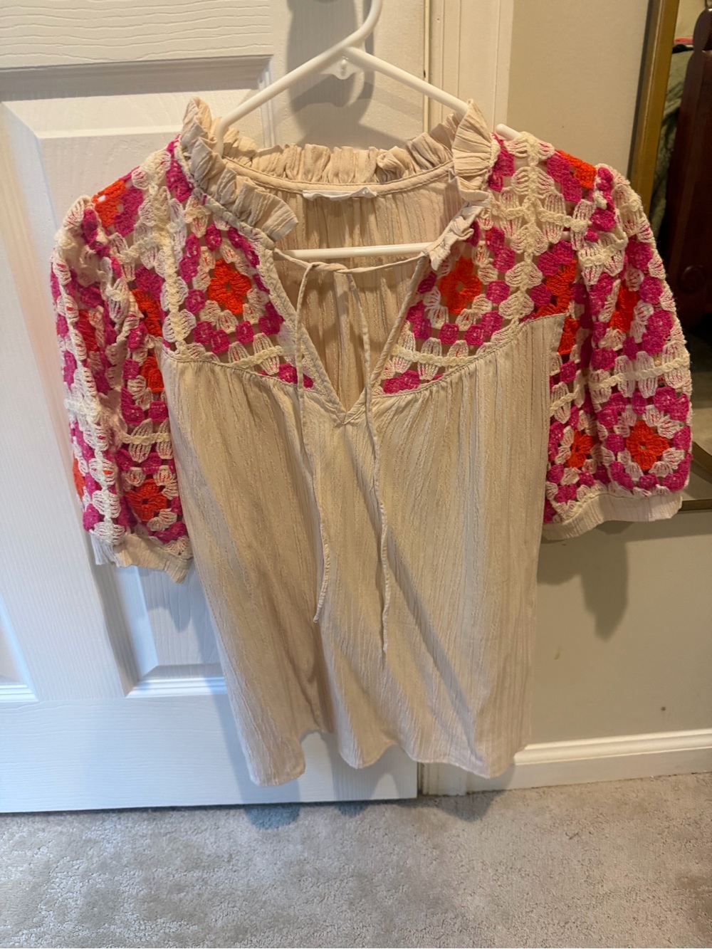 THML Crochet Sleeve Peasant Top — Cream with Pink & Orange Crochet